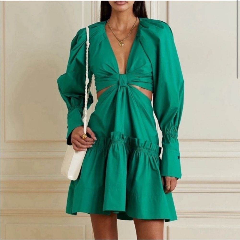 A.L.C. ALC forest green size 4 mini dress with puff skirt & cutout long sleeve